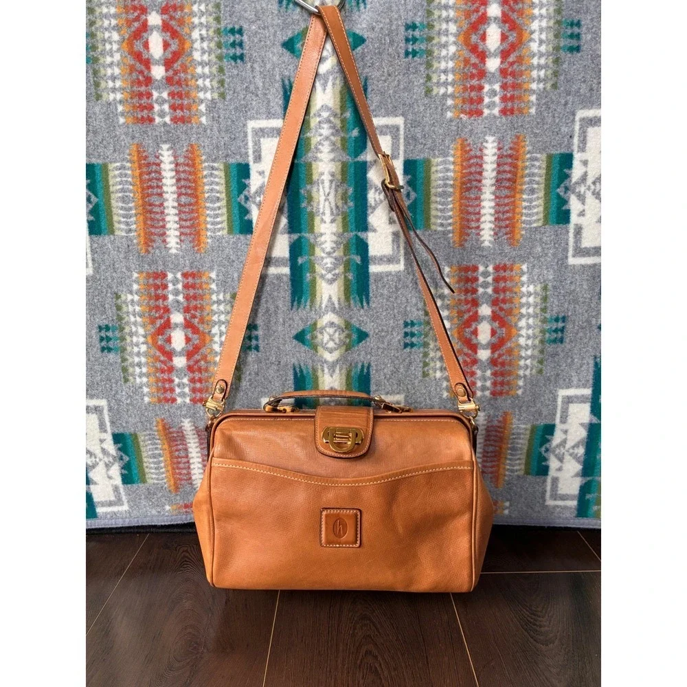 Vintage Hartmann Tan Leather Satchel Handbag with Strap Gold Clasp